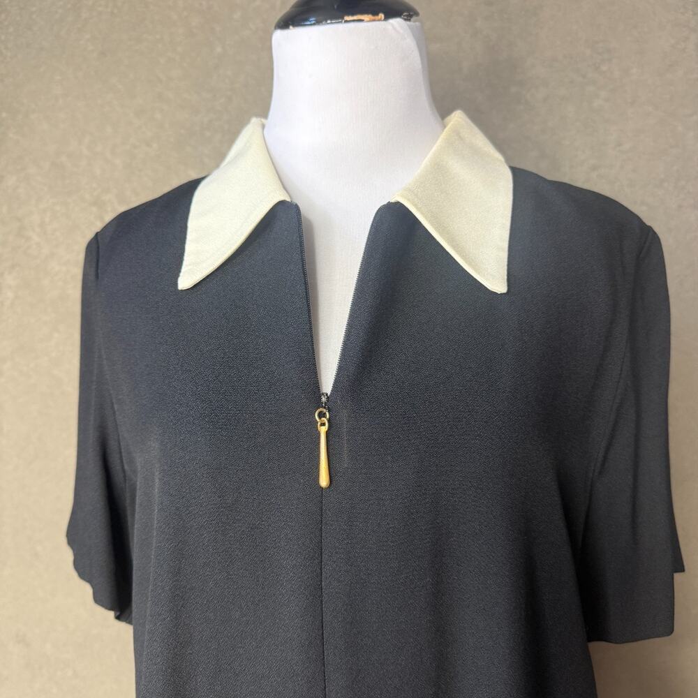 Vintage Virgo II Black Shift Dress Contrast Collar Zip Front No Size Tag